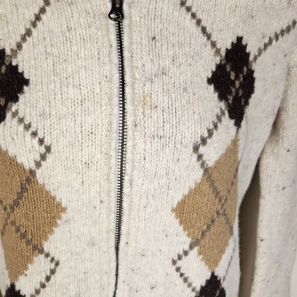 VTG Eddie Bauer Wool Sweater Women Full Zip Up Argyle Knit Beige Y2K Cabin Ski M - Picture 9 of 16